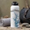 White water bottle with black lid and "Norman" text over lake map graphic.