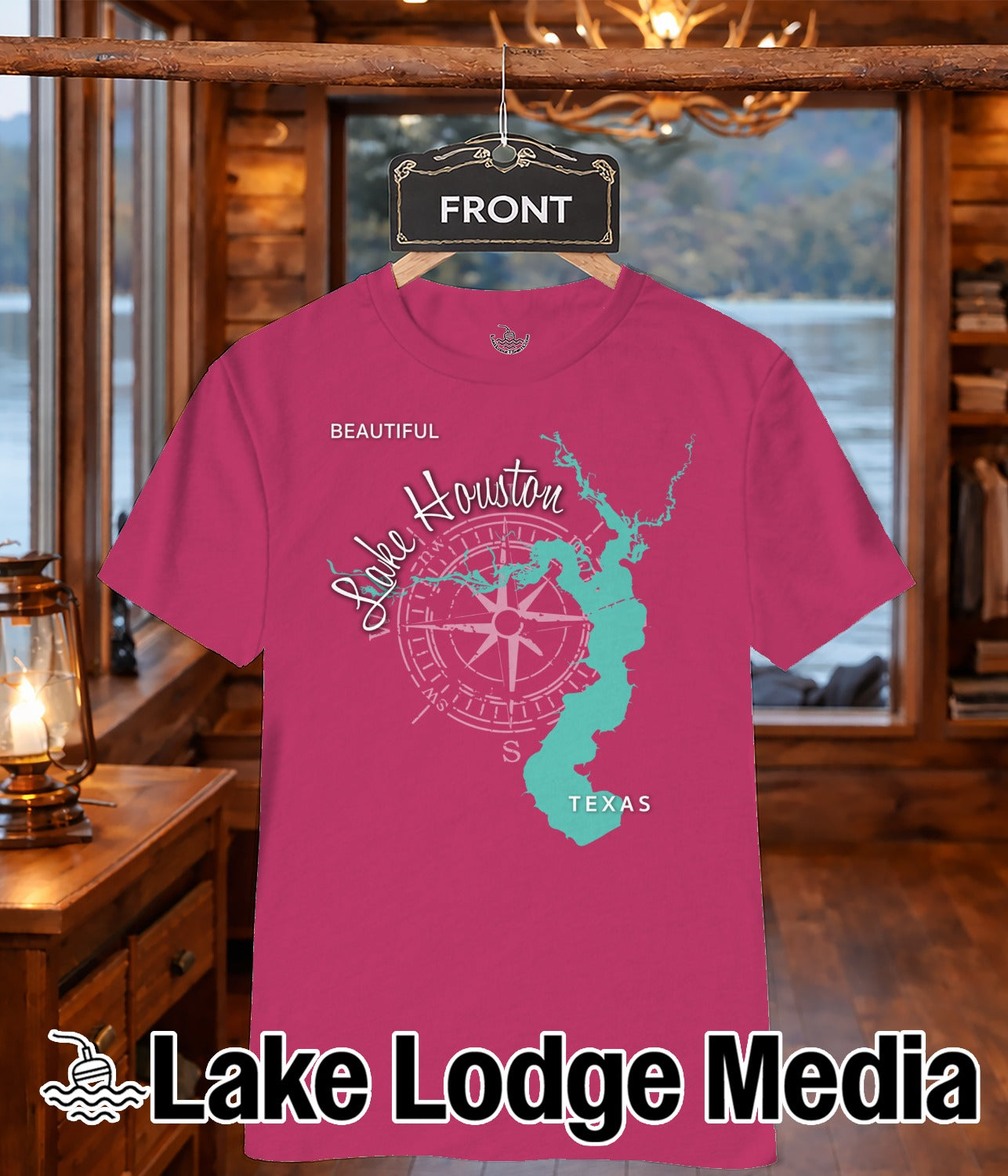 Pink t-shirt with "Lake Houston" map and compass graphic.