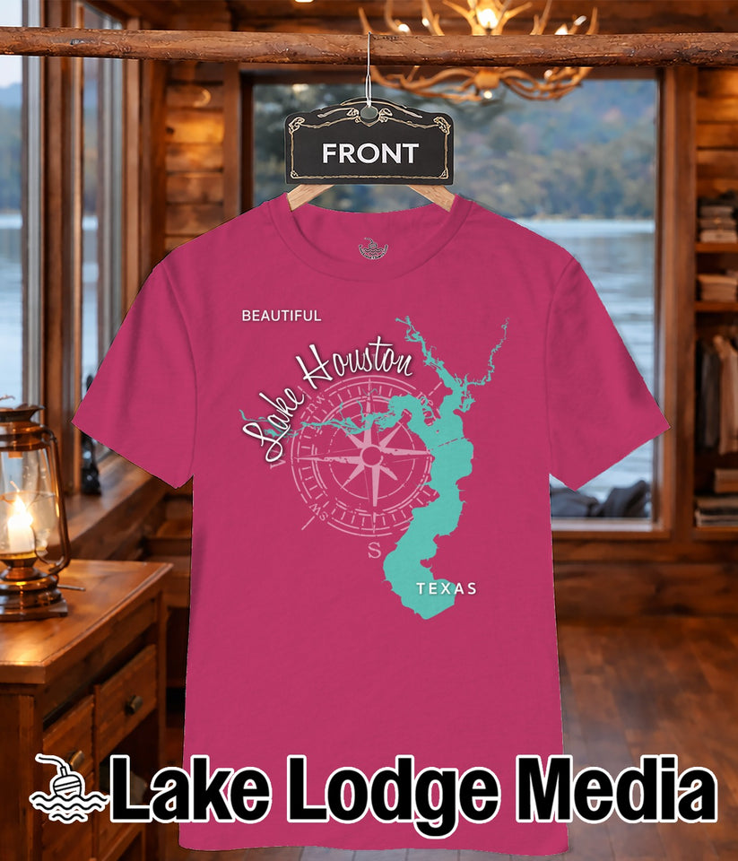 Pink t-shirt with "Lake Houston" map and compass graphic.