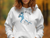White hoodie with "100% Pokegama Lake Minnesota" text and lake outline graphic.