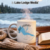 White mug with Lake Granby Colorado map and compass design, steamy.