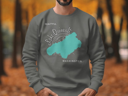 Grey sweatshirt with Lake Quinault map and compass design.