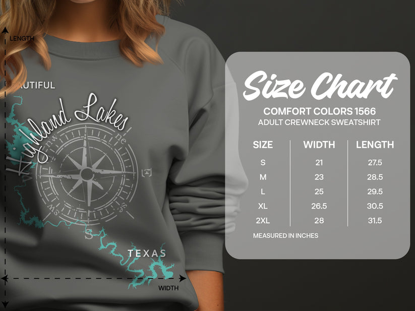 Size chart for Comfort Colors 1566 adult crewneck sweatshirt in inches.
