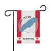 Garden flag with Lake Louise map, compass rose, and "The Smith Family" text.