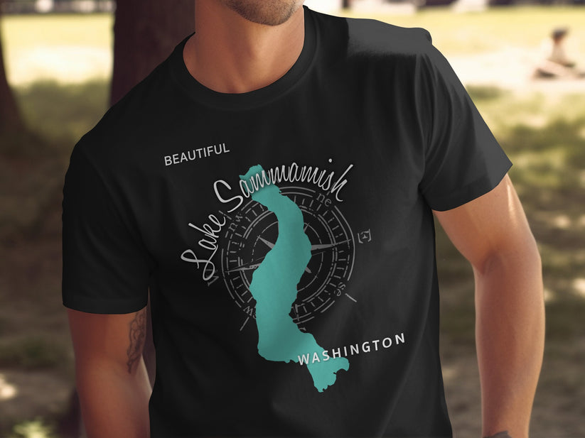 Black t-shirt with compass and Lake Sammamish Washington graphic.