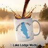 White mug with Conneaut Lake Pennsylvania map and compass design.