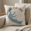 Pillow with Arkabutla Lake map and compass design, Mississippi text.
