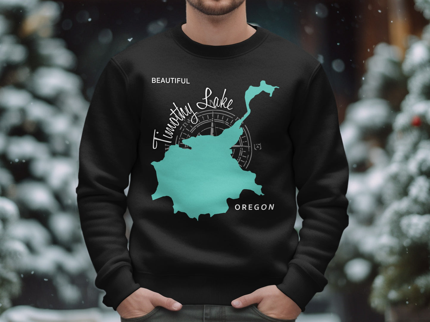 Black sweatshirt with turquoise map of Timothy Lake, Oregon and compass design.
