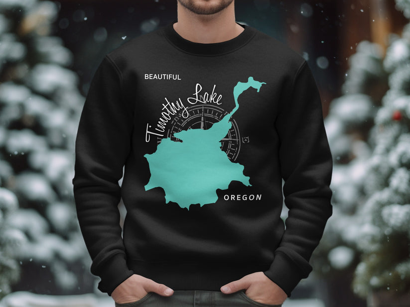 Black sweatshirt with turquoise map of Timothy Lake, Oregon and compass design.