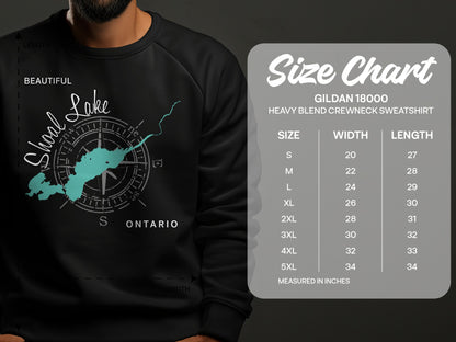 Crewneck sweatshirt size chart with Shoal Lake graphic and measurement details.