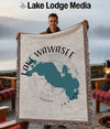 Wawasee Lake Indiana map woven throw blanket with fringed edges.