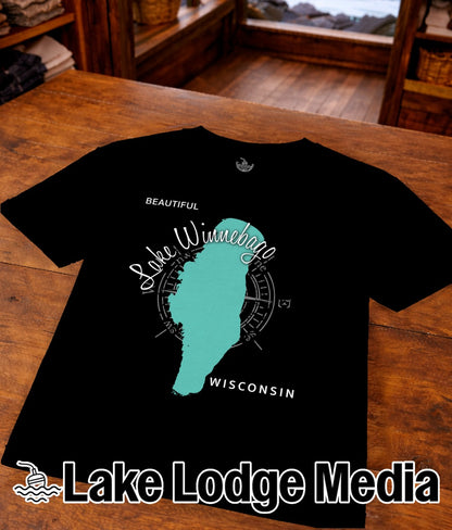Black t-shirt with a teal Lake Winnebago map and "Lake Lodge Media" logo.