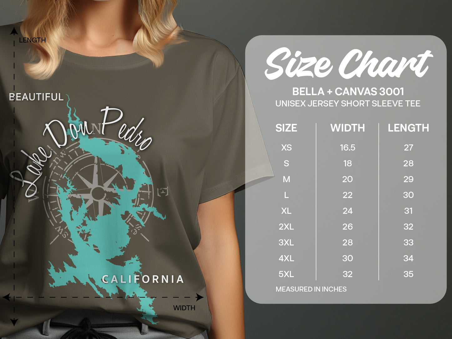 Lake Don Pedro California graphic t-shirt size chart for Bella + Canvas 3001 tee.