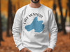 White sweatshirt with Lake Mendota Wisconsin map and compass design