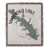 Waurika Lake Oklahoma map design on a woven blanket with tasseled edges.