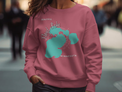 Pink sweatshirt with "Beautiful Floyd Lake" and map design.