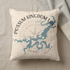 Possum Kingdom Lake Texas map design on textured cream pillow.