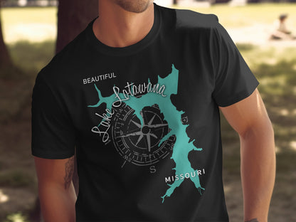 Black t-shirt with teal Lake Lotawana Missouri outline and compass rose.