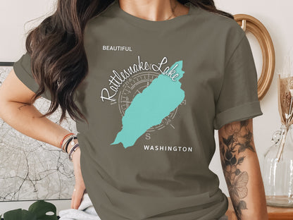 Turquoise map of Rattlesnake Lake, Washington, on a gray t-shirt.