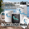 Mug, tumbler, water bottle, and coaster with "Rainy Lake" logo on wooden surface.
