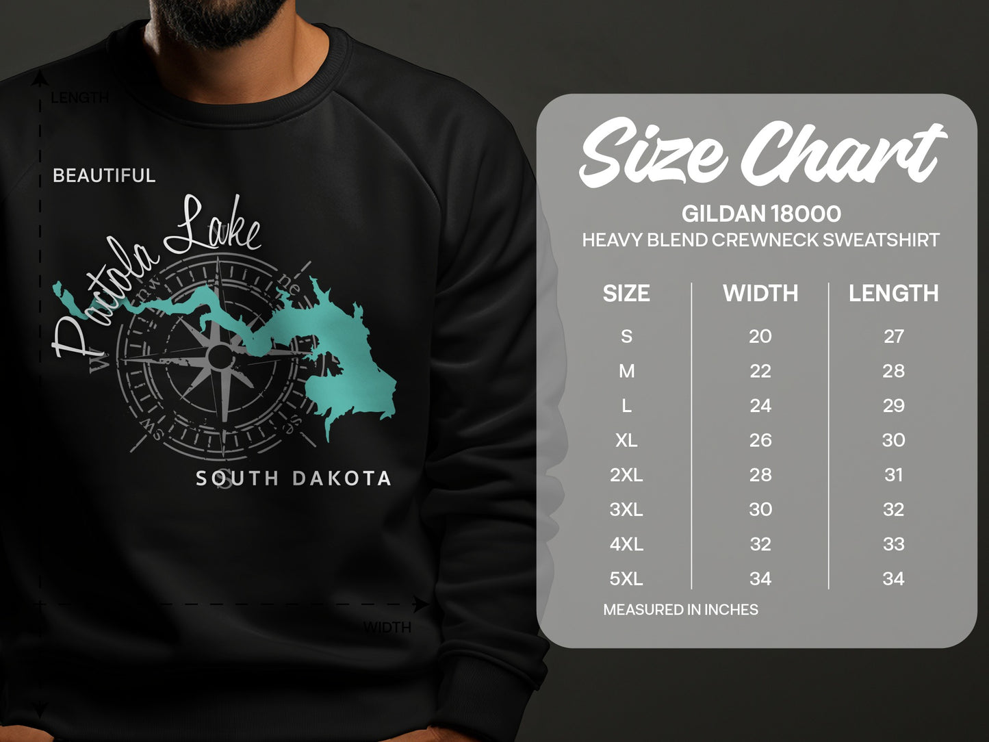 Crewneck sweatshirt size chart with dimensions for Gildan 18000 sweatshirt.