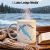 White mug with Lake San Pablo map and compass design on a rainy day windowsill.