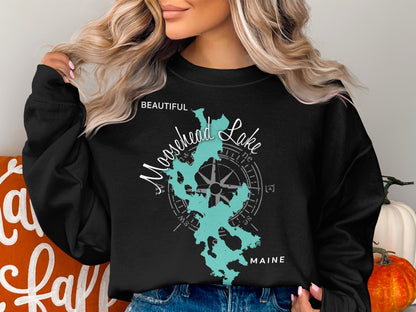 Black sweatshirt with "Beautiful Moosehead Lake Maine" map graphic.