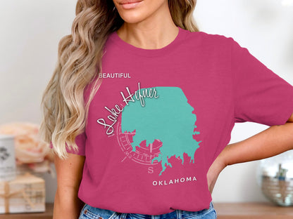 Pink t-shirt with Lake Hefner Oklahoma map and compass graphic.