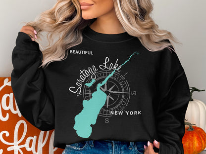 Black sweatshirt with Saratoga Lake map and compass graphic.