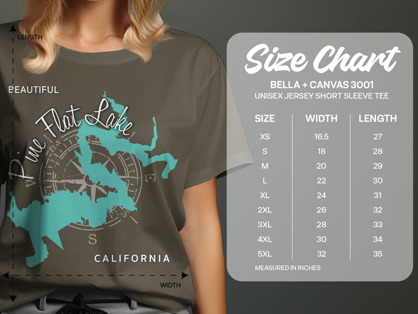 T-shirt size chart for Bella+Canvas 3001 unisex tee, showing measurements.