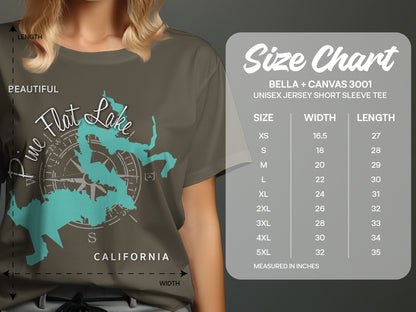 T-shirt size chart for Bella+Canvas 3001 unisex tee, showing measurements.