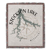 Stockton Lake Missouri map design on a woven blanket with fringed edges.