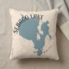 Pillow with blue Sebago Lake map outline and compass rose design.
