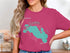 Teal map of Lake Wawasee, Indiana on a pink t-shirt.