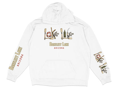 White hoodie with "Lake Life" and "Bartlett Lake Arizona" graphics.