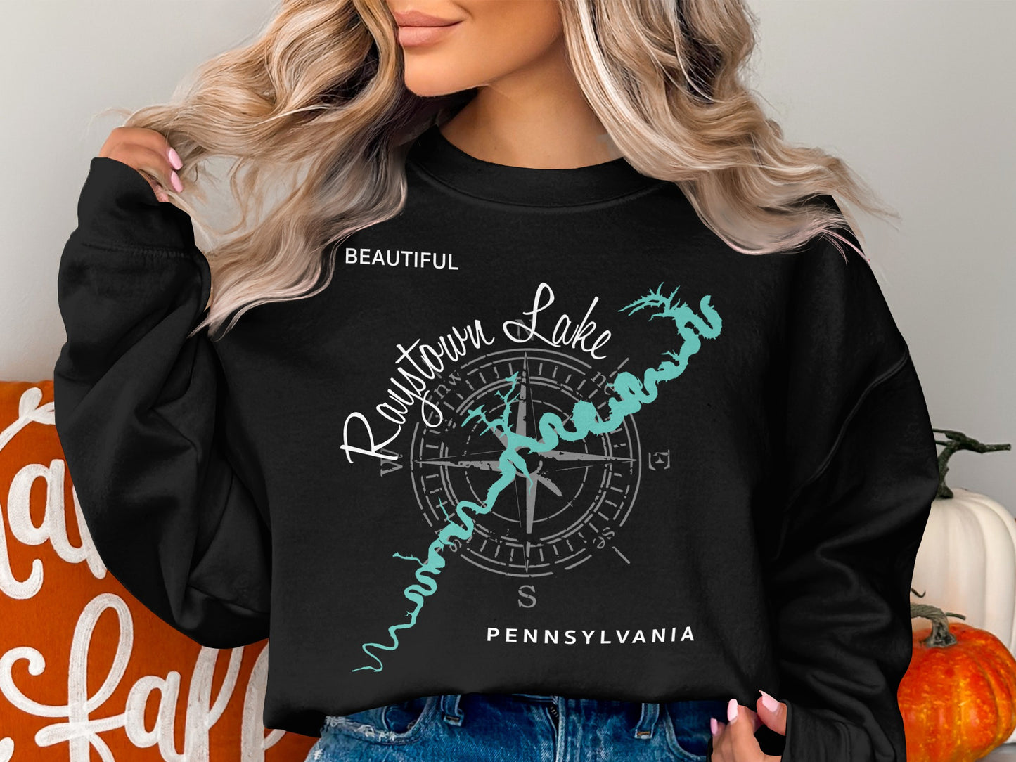 Black crewneck sweatshirt featuring a nautical compass and Raystown Lake map of Pennsylvania.