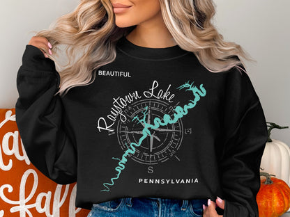 Black crewneck sweatshirt featuring a nautical compass and Raystown Lake map of Pennsylvania.