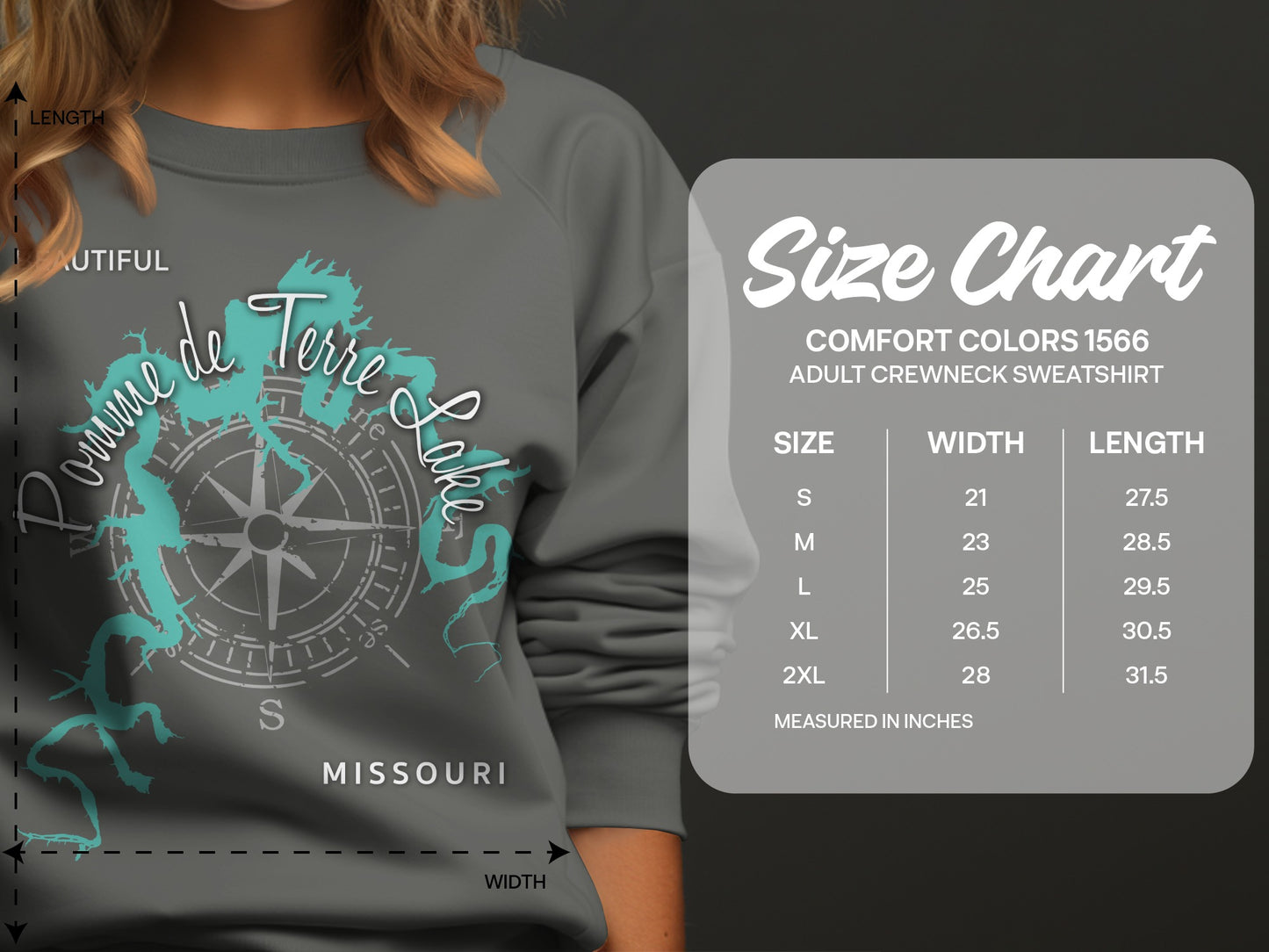 Comfort Colors 1566 adult crewneck sweatshirt size chart.