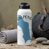 White water bottle with blue island map and "SAN POND" text.