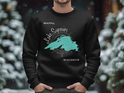 Black sweatshirt with "Lake Superior Wisconsin" and compass rose graphic.