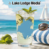 Glass with Lake Moultrie map, mint, lime, and ice on beach with sailboat.