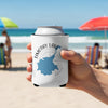 Can cooler with Timothy Lake Oregon map design held by a hand on a beach.
