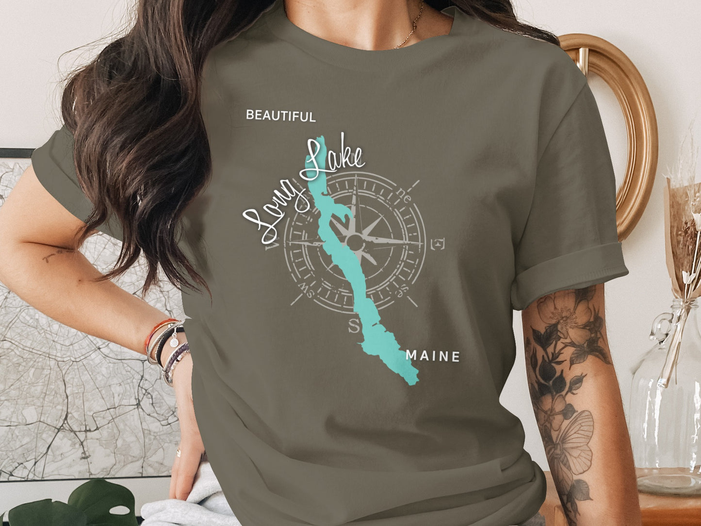 T-shirt with "Beautiful Long Lake Maine" and compass design.