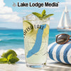 Glass with drink, lime, mint, and sunglasses on beach with "Gofish Lake" text.