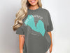 Grey t-shirt with turquoise Lake Almanor California map graphic and compass rose.