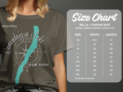 Bella + Canvas 3001 size chart for unisex short sleeve tees with Canandaigua Lake graphic.