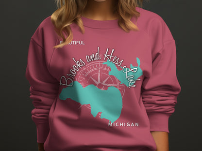 Salmon sweatshirt with Brooks and Hess Lake Michigan map and compass.