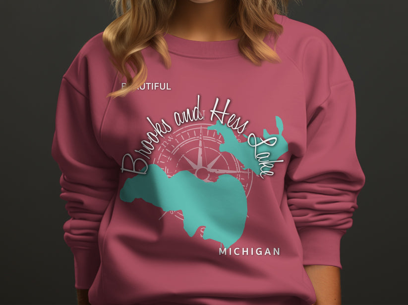 Salmon sweatshirt with Brooks and Hess Lake Michigan map and compass.