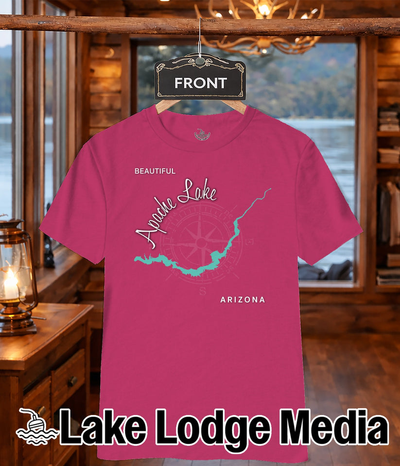 Pink t-shirt with "Apache Lake Arizona" graphic and "Lake Lodge Media" logo.