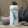 White water bottle with lake map graphic and "WINNISQ" and "NEW H" text.